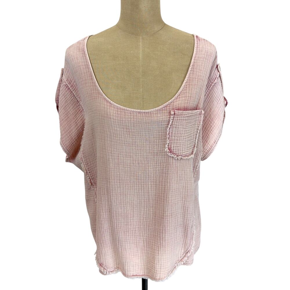 NWT XCVI Maurise Gauze Jersey Raw Seam Scoop Neck Tabbed Short Sleeve Top S
